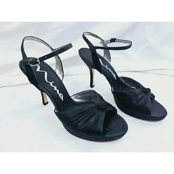 Nina Size 8.5M Women's Black Luster "Cupcake" Open Toe Ankle Strap Pumps - Picture 13 of 15